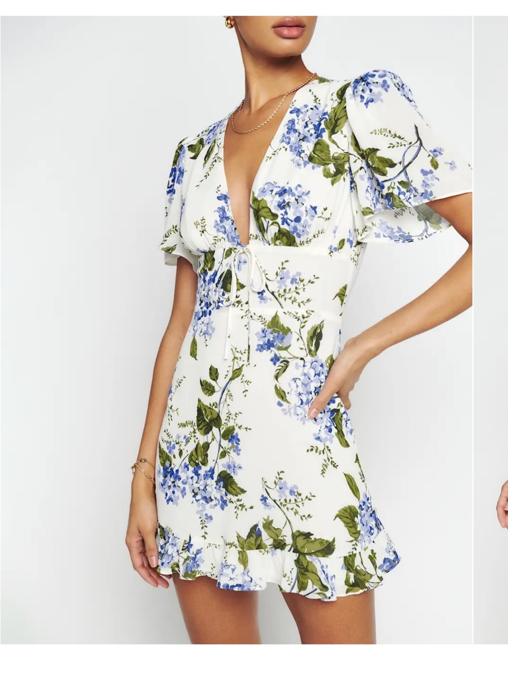 Mya Reformation White Mini Dress with Blue Floral Print
